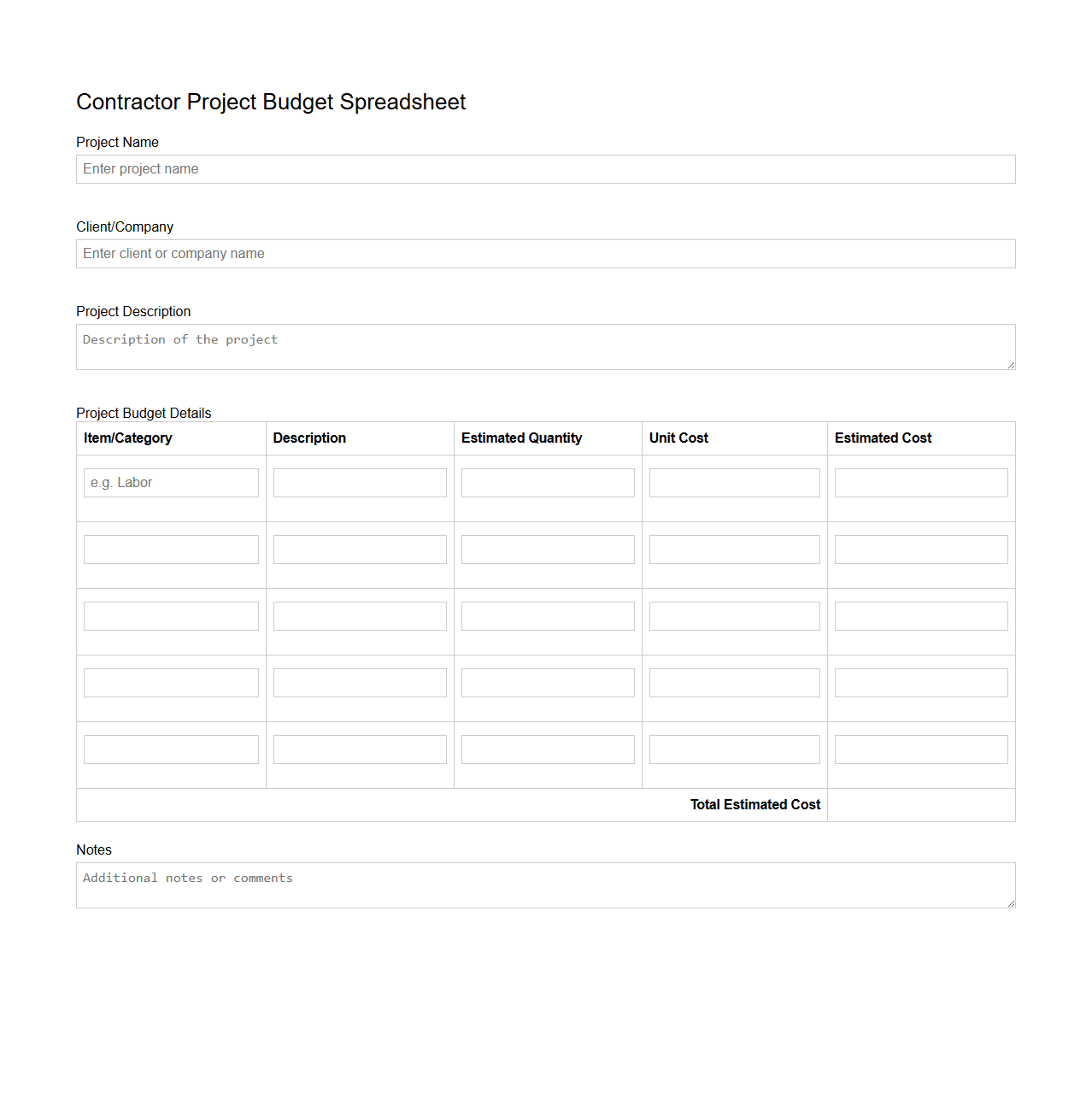 Blank Contractor Project Budget Spreadsheet