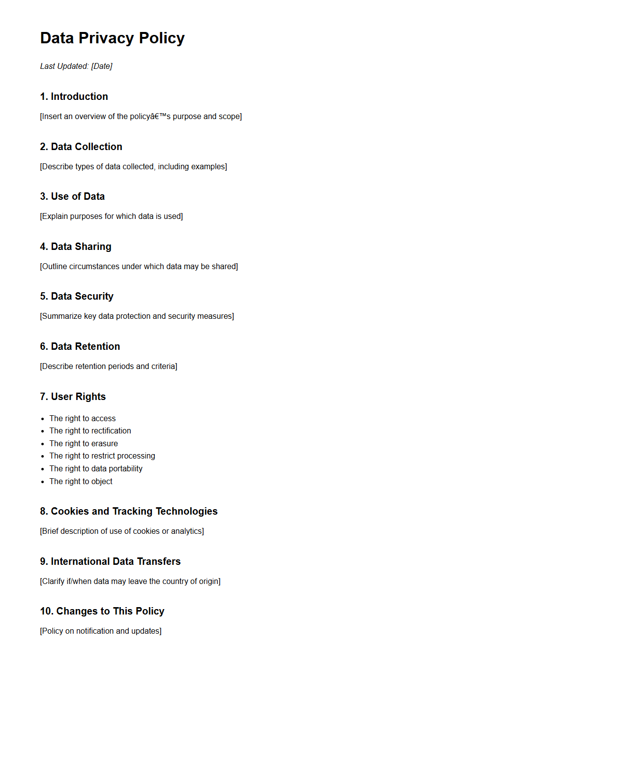 Blank Corporate Data Privacy Policy Structure