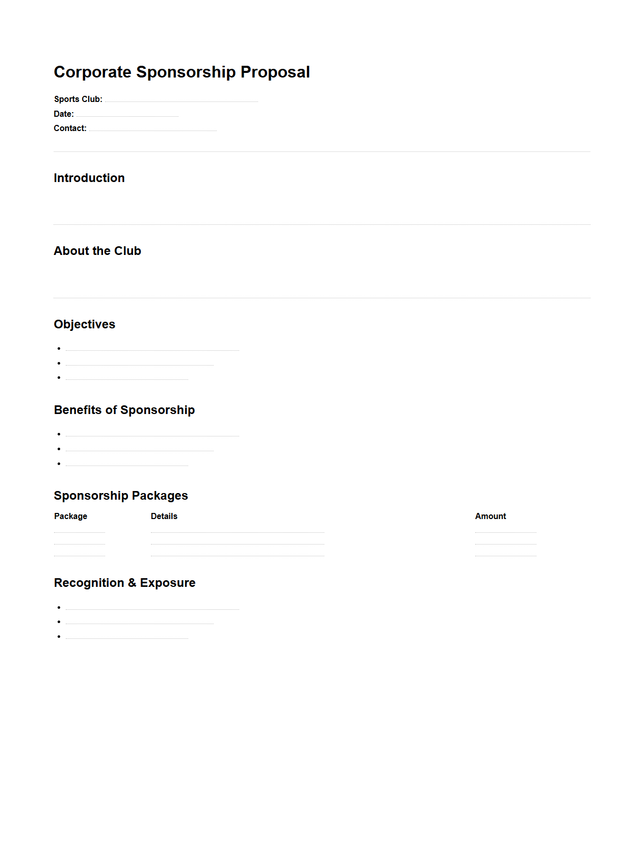 Blank Corporate Sponsorship Proposal for Sports Clubs