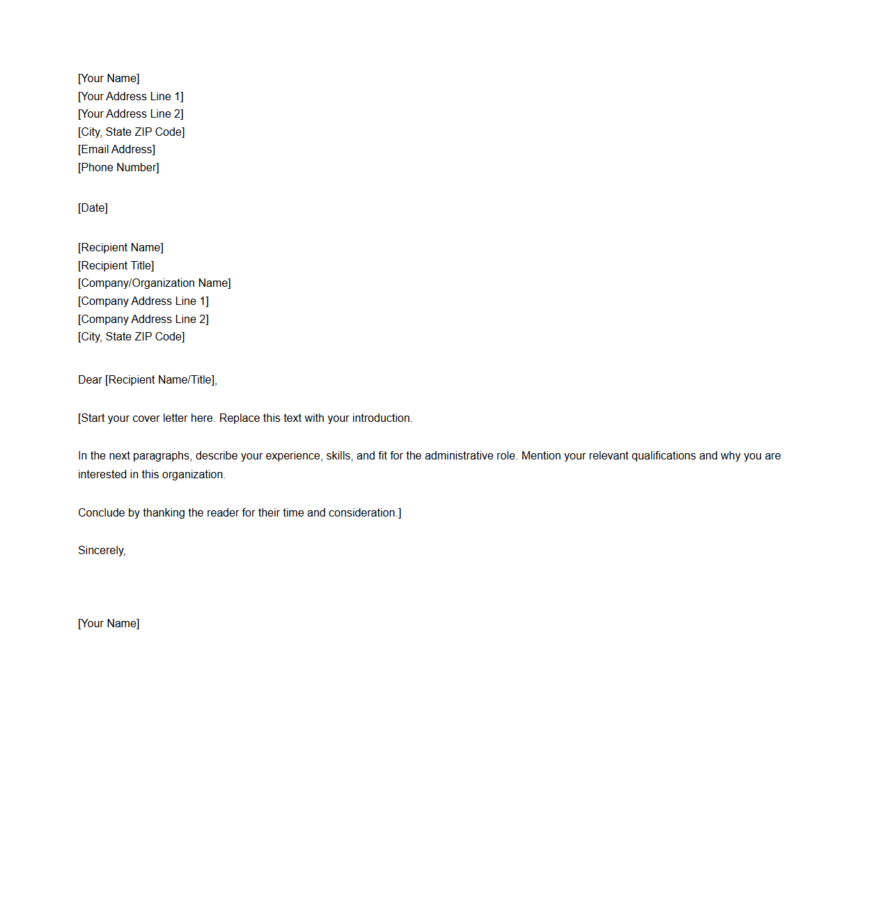 Blank Cover Letter Design for Administrative Roles