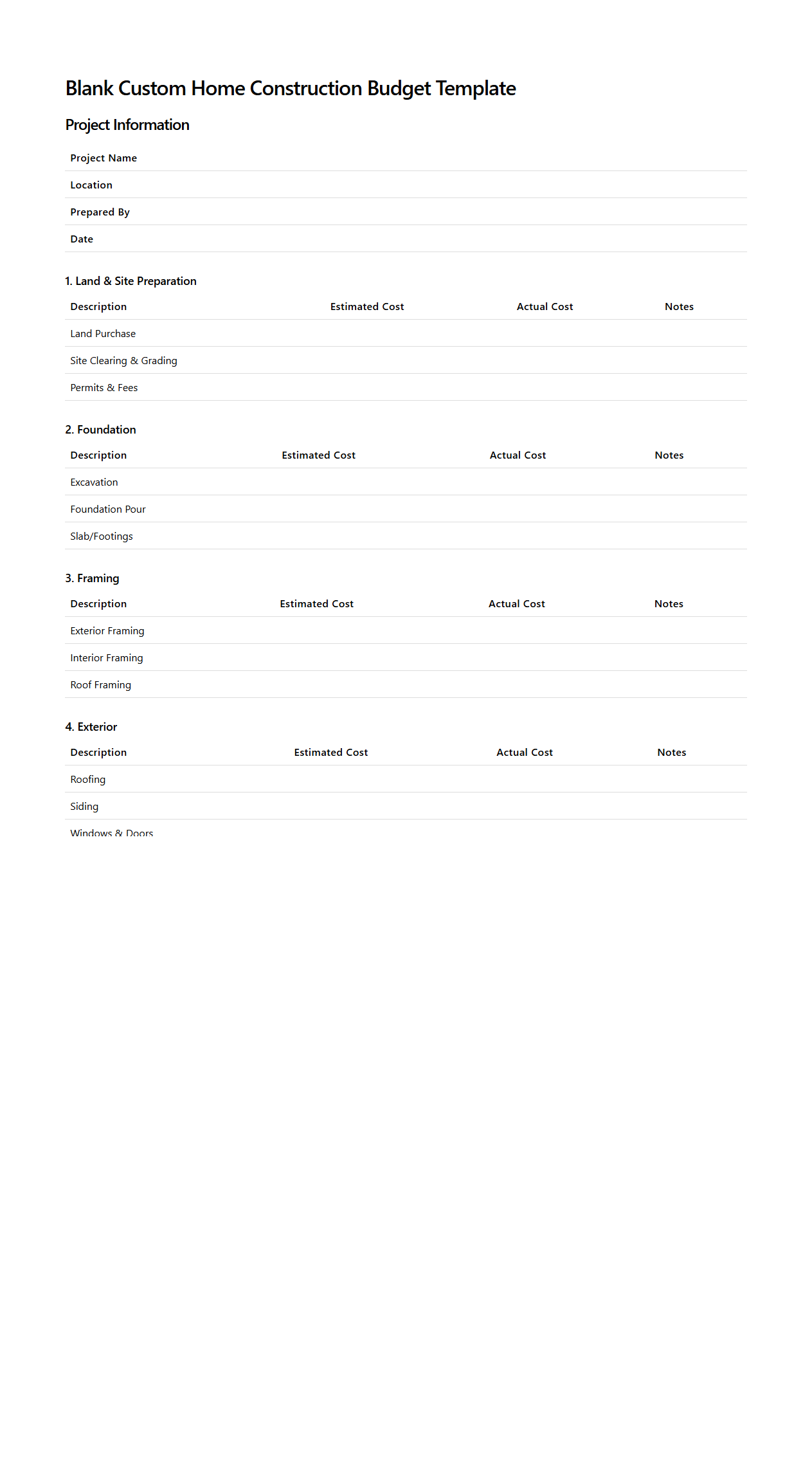 Blank Custom Home Construction Budget Template