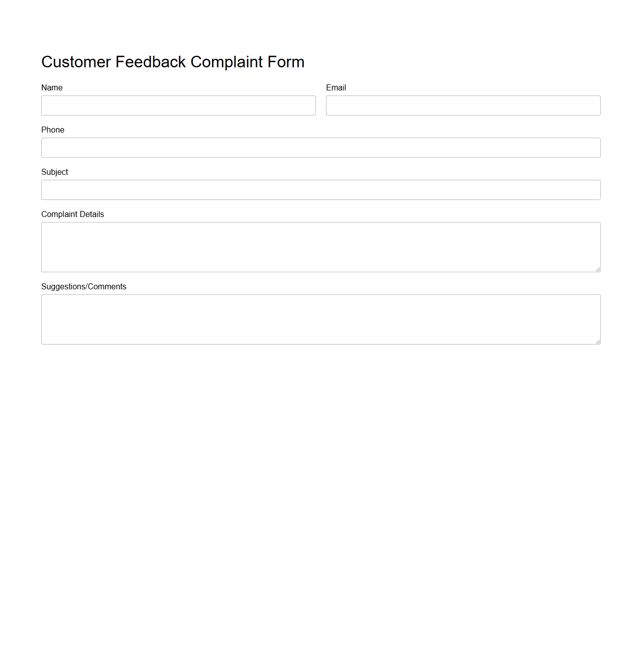 Blank Customer Feedback Complaint Form