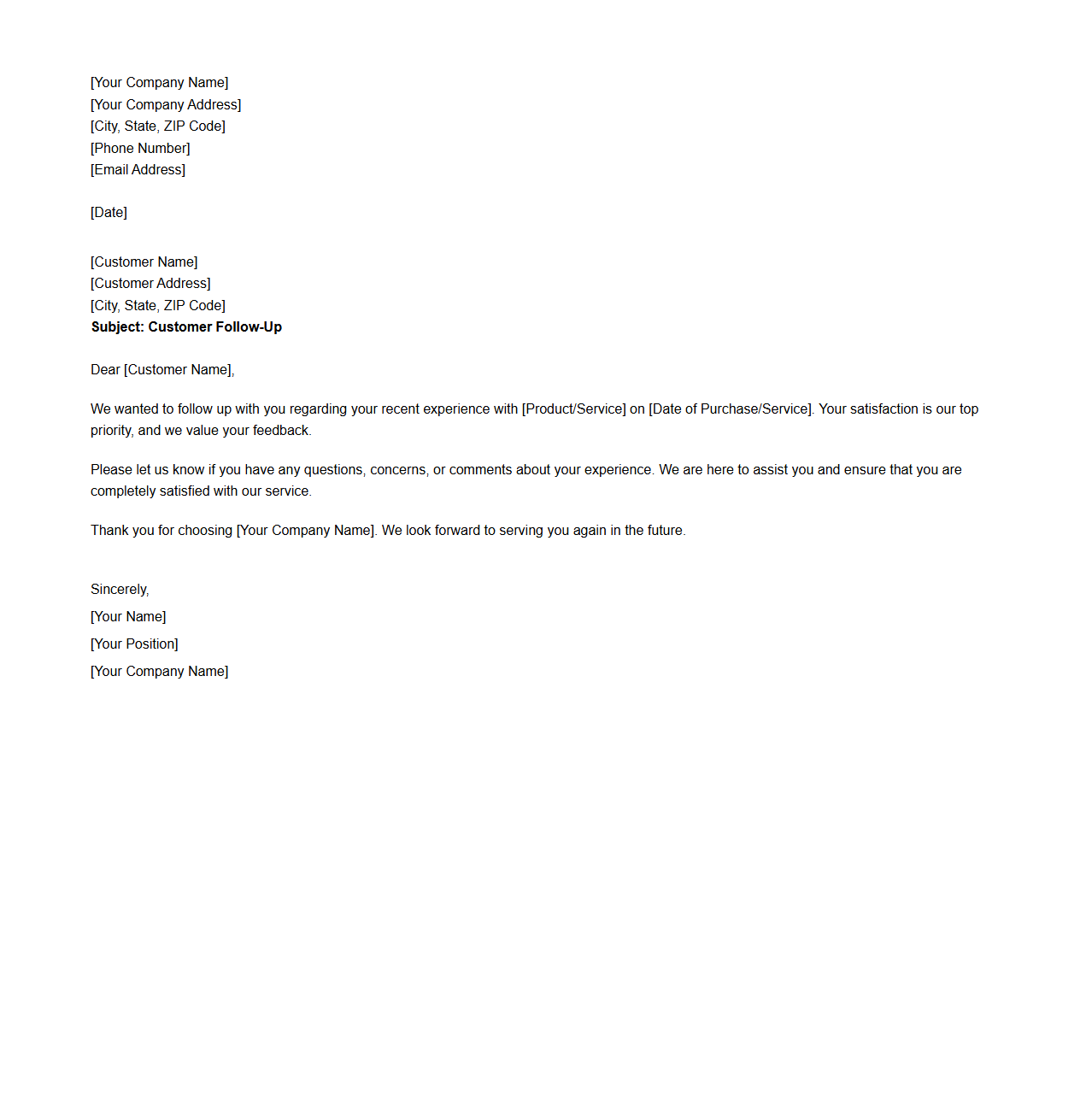 Blank Customer Follow-Up Letter Template