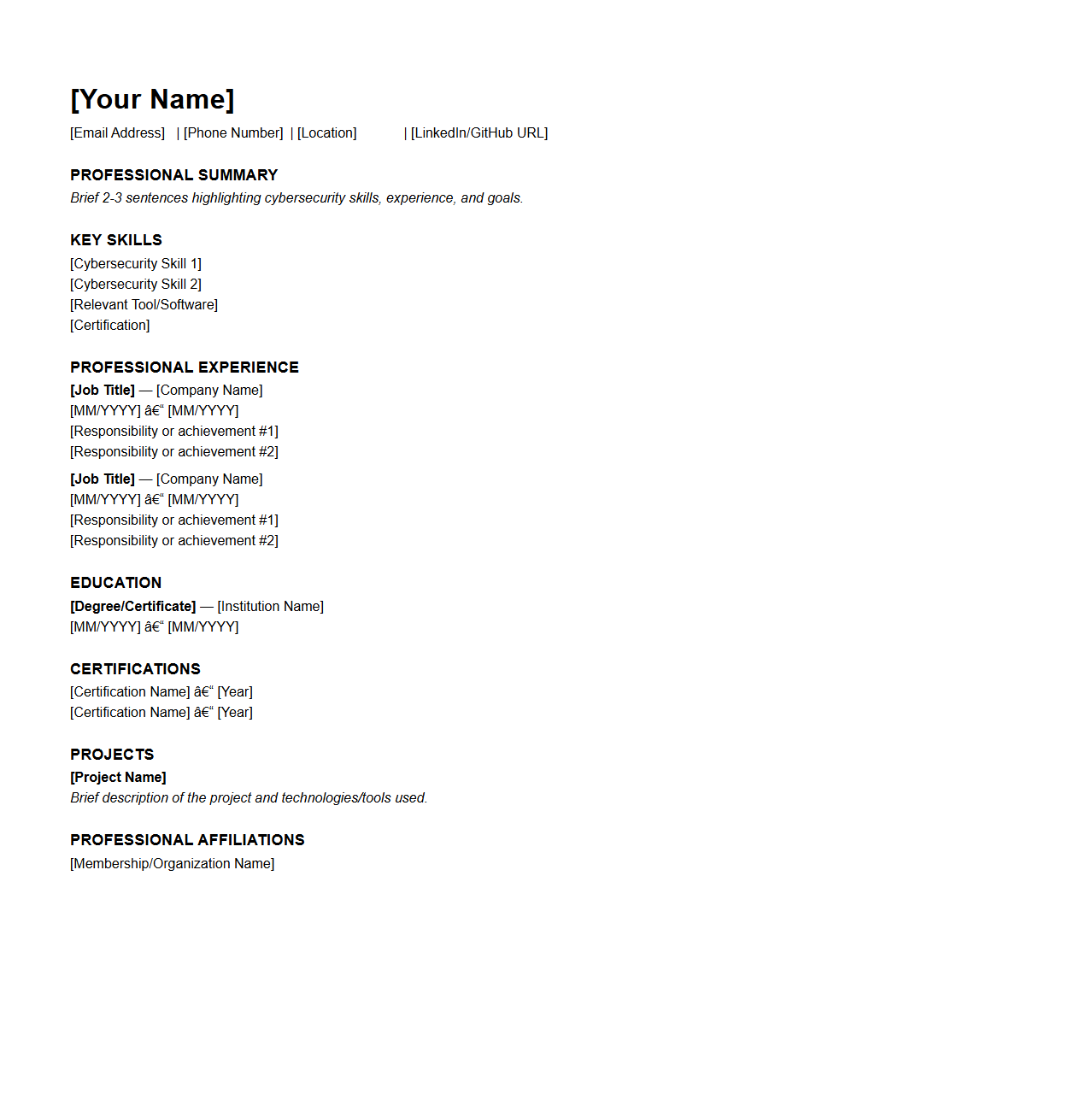 Blank Cybersecurity Resume Template