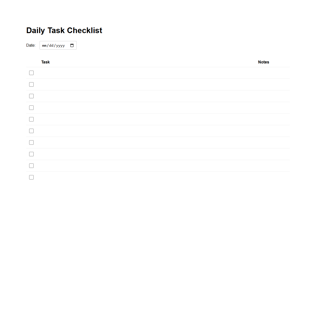 Blank Daily Task Checklist Template
