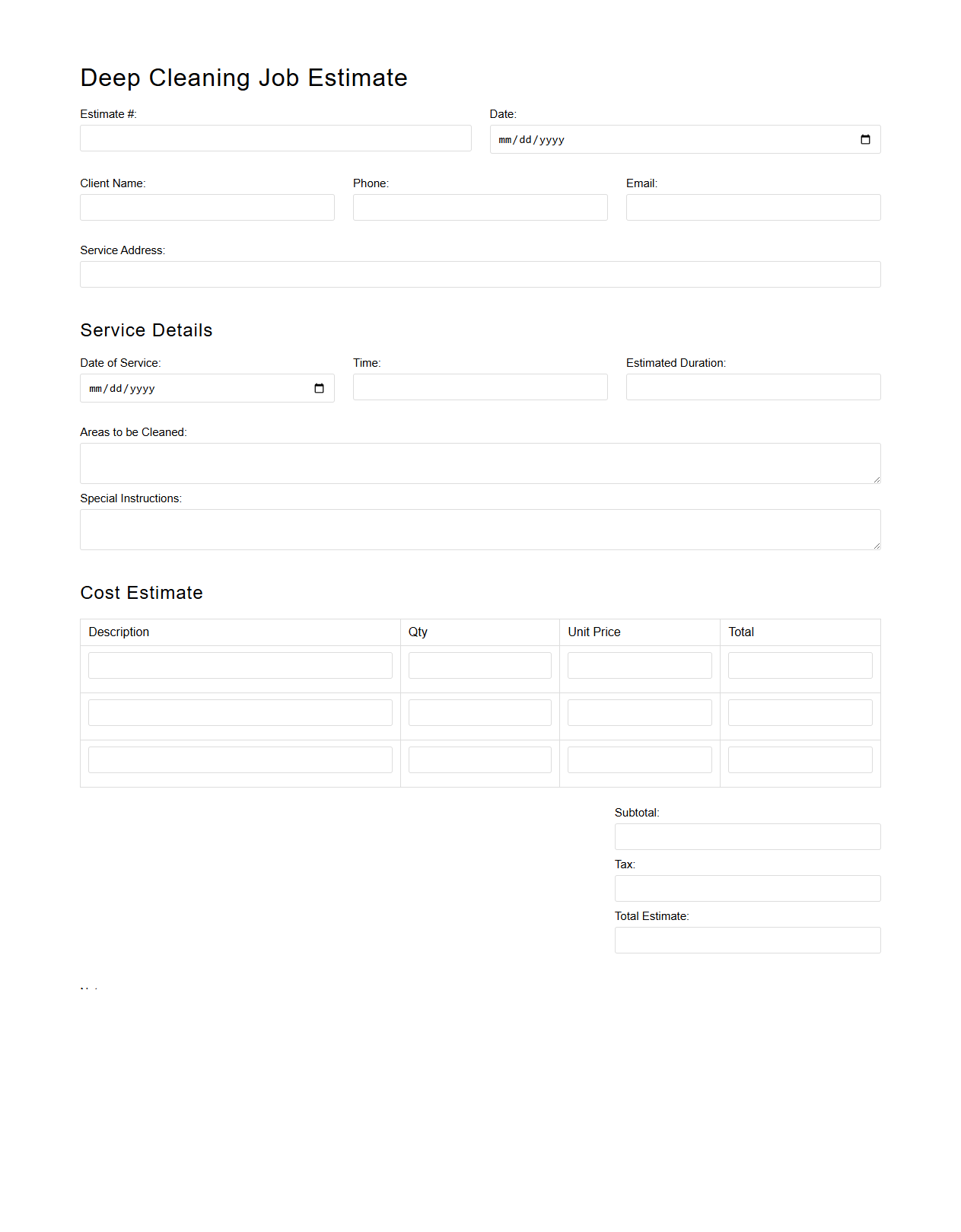 Blank Deep Cleaning Job Estimate Template