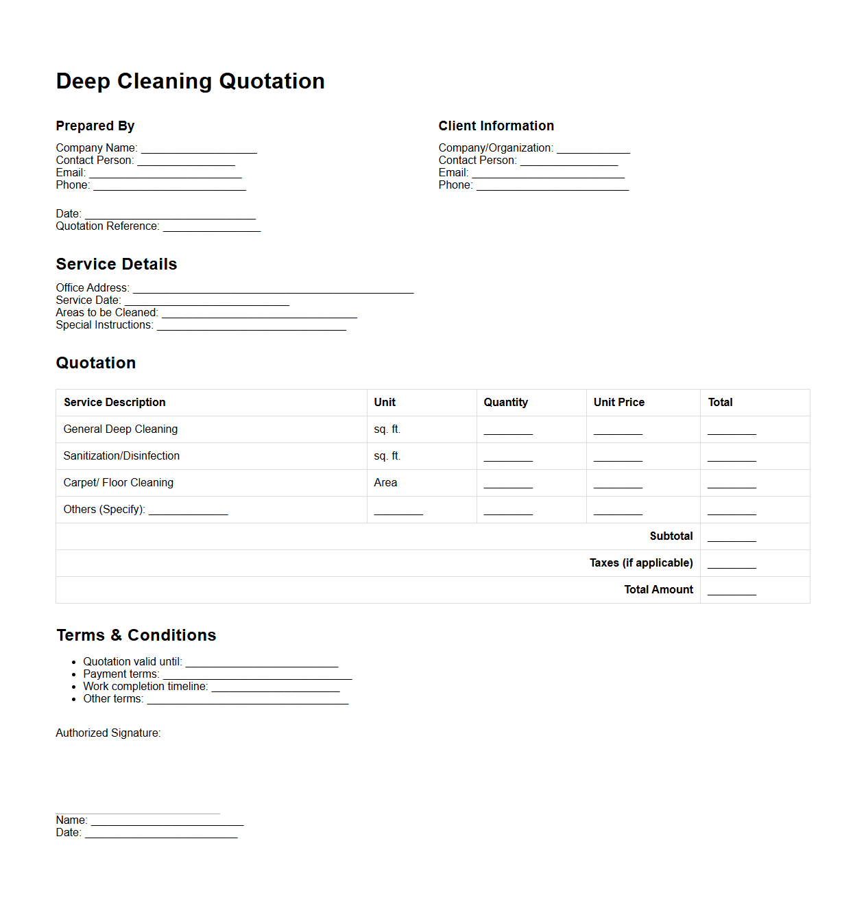 Blank Deep Cleaning Quotation Template for Office Janitorial Services