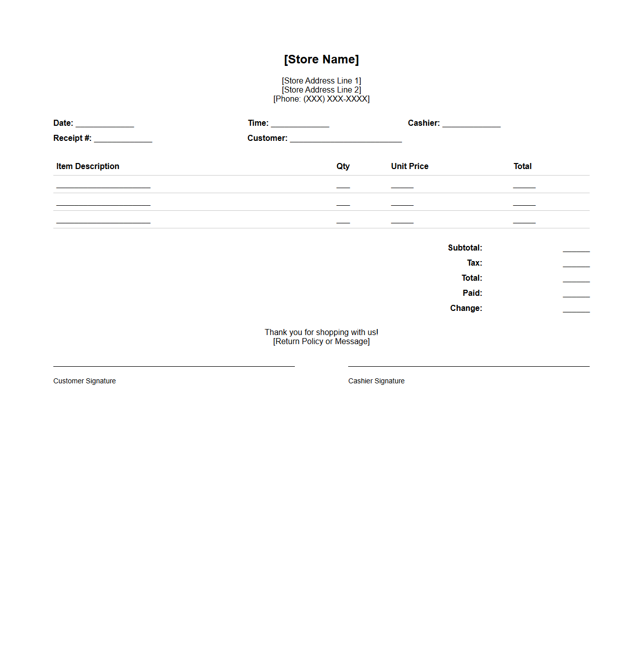 Blank Detailed Retail Transaction Receipt