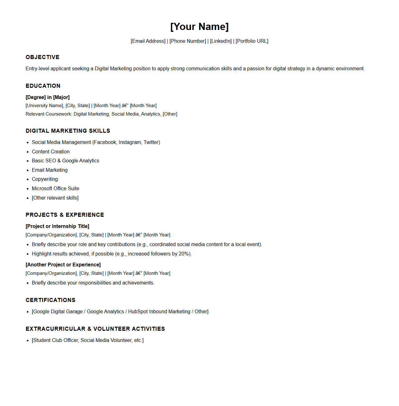 Blank Digital Marketing Resume Template for Entry-Level Applicants