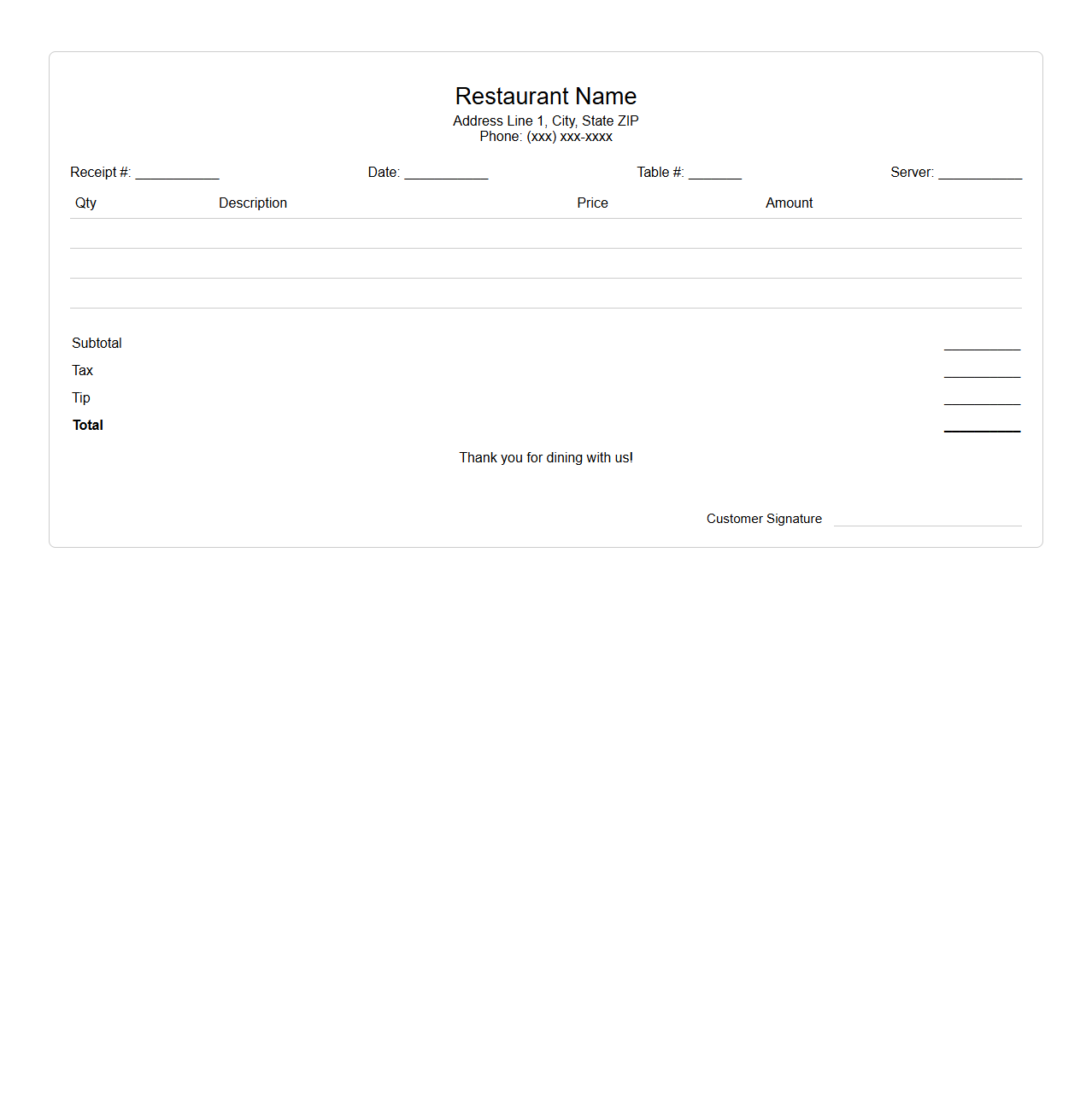 Blank Dine-In Restaurant Receipt Template