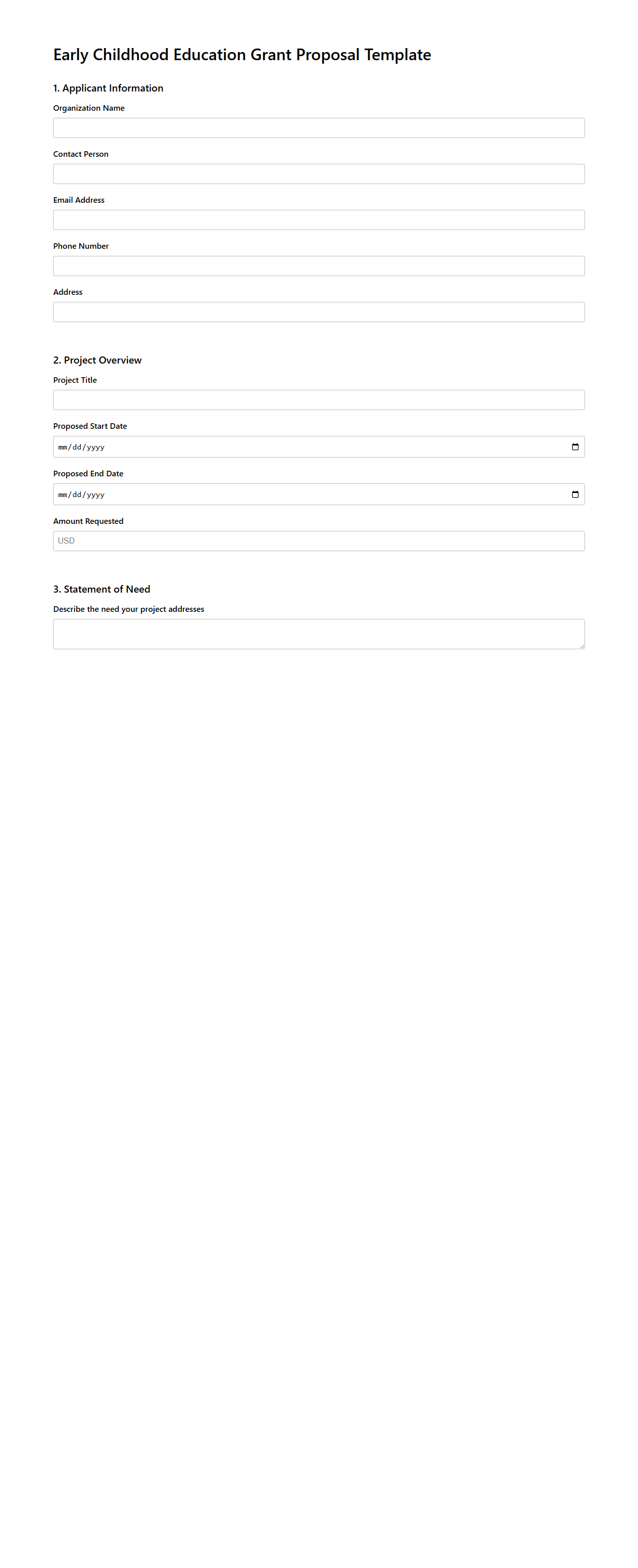 Blank Early Childhood Education Grant Proposal Template