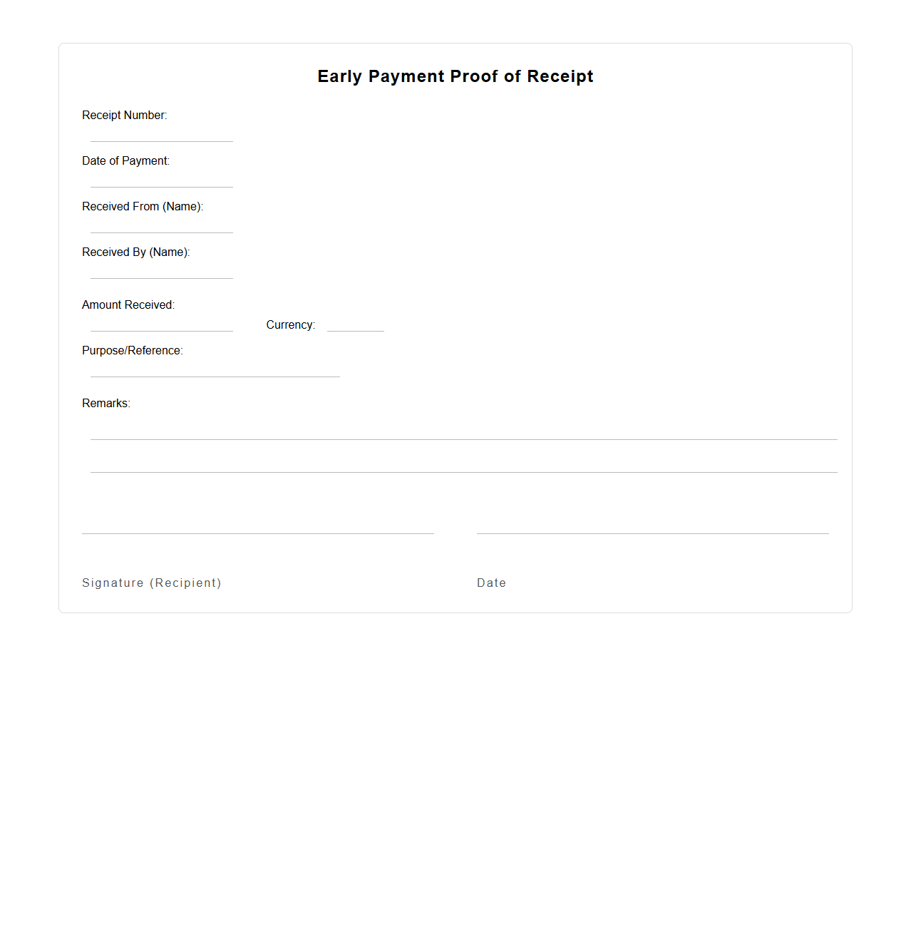 Blank Early Payment Proof of Receipt Template