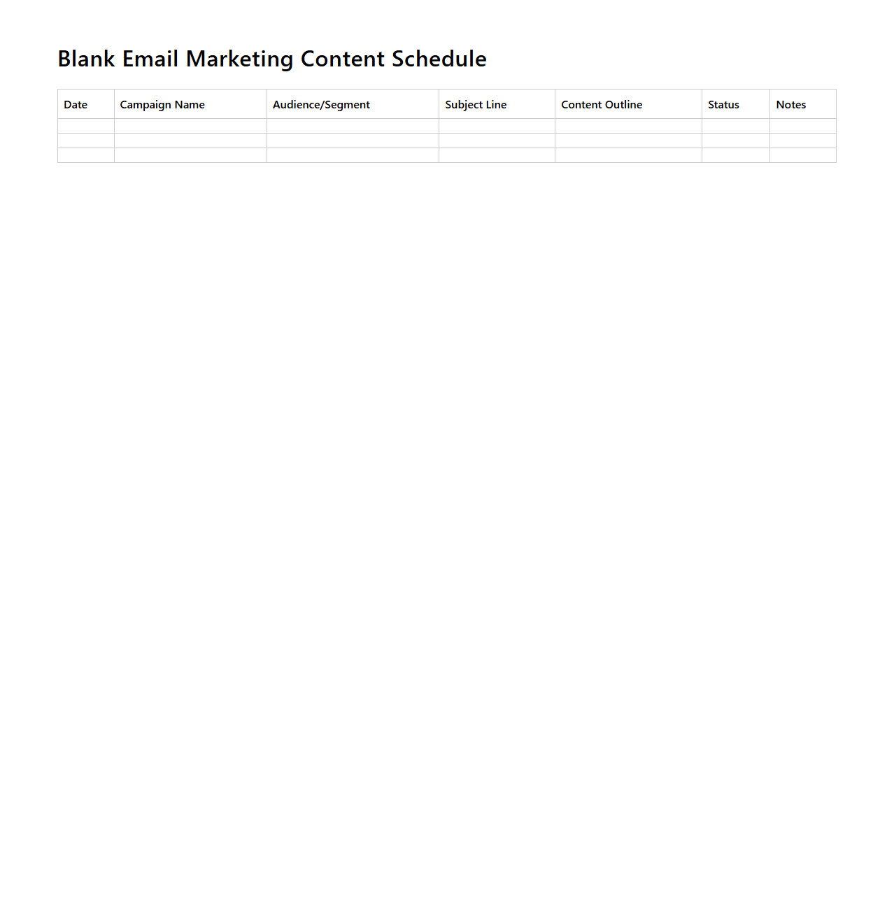 Blank Email Marketing Content Schedule