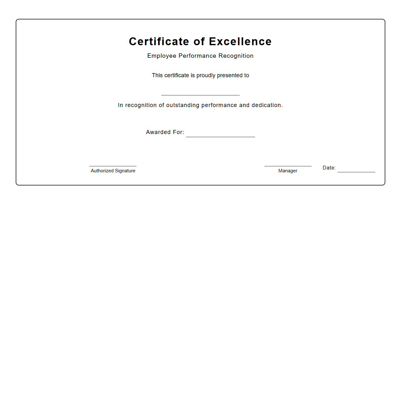 Blank Employee Performance Excellence Certificate Template