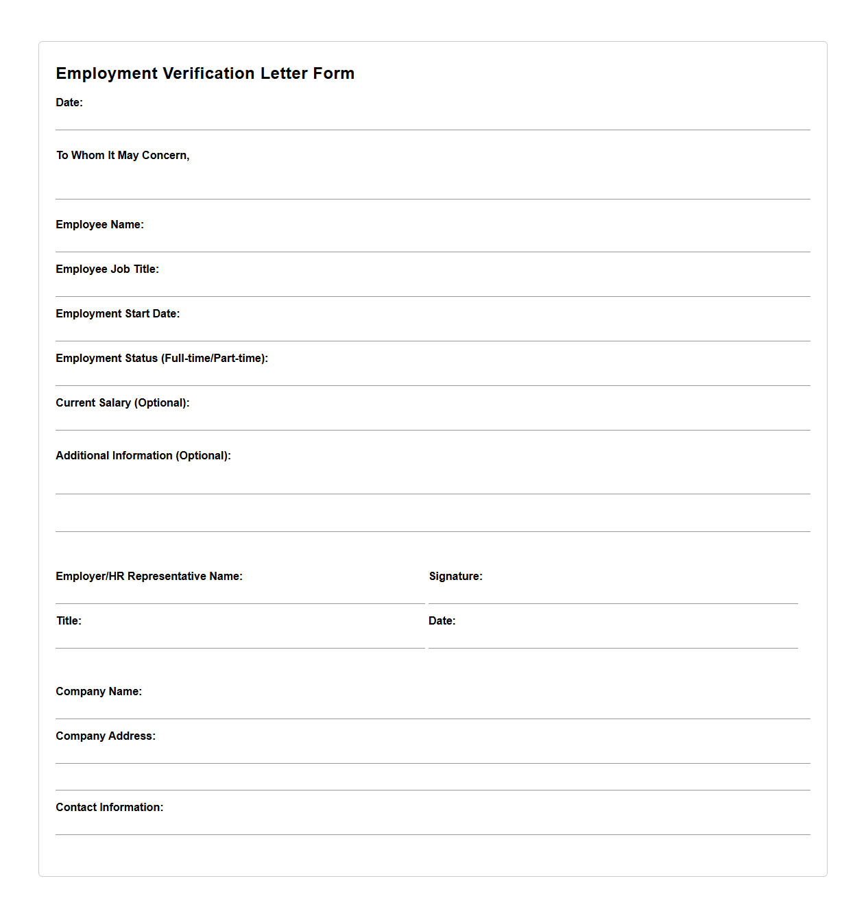 Blank Employment Verification Letter Form