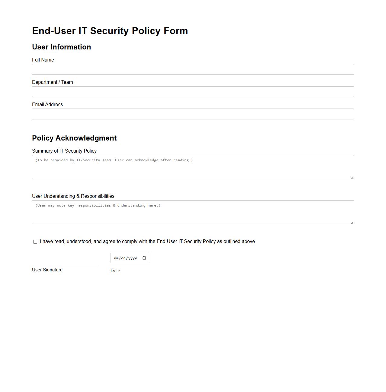 Blank End-User IT Security Policy Form