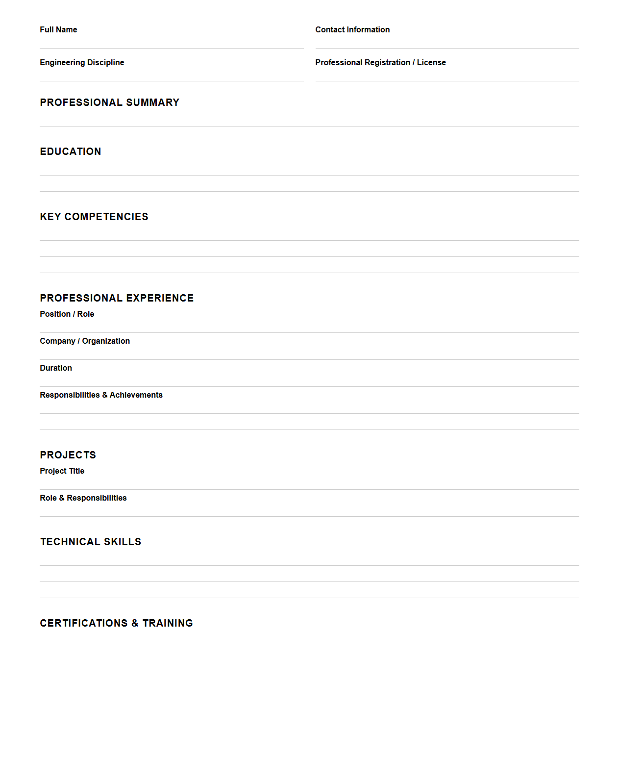 Blank Engineering Competency Resume Structure