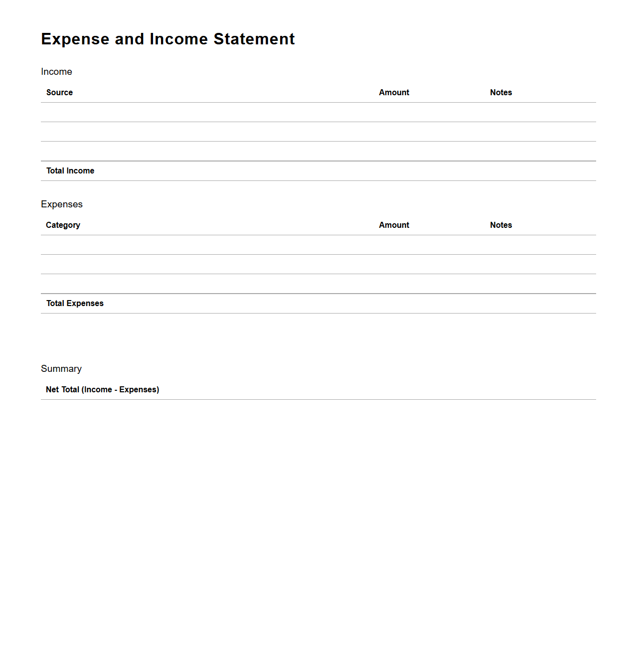 Blank Expense and Income Statement Template