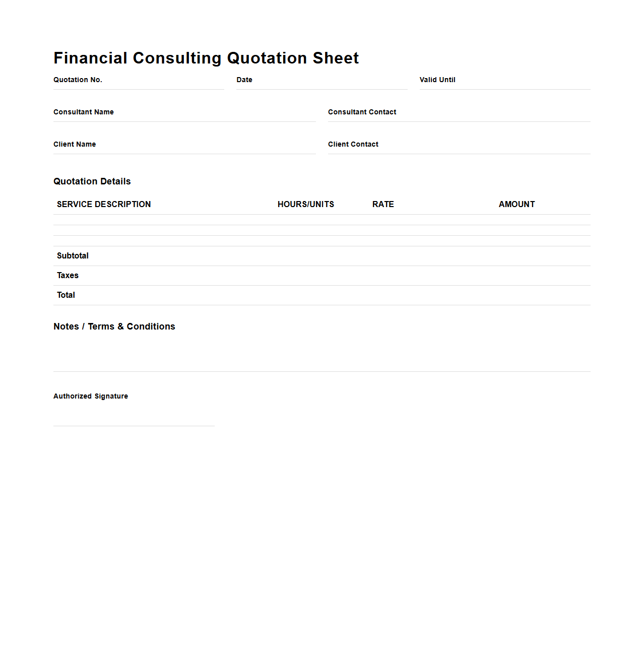 Blank Financial Consulting Quotation Sheet