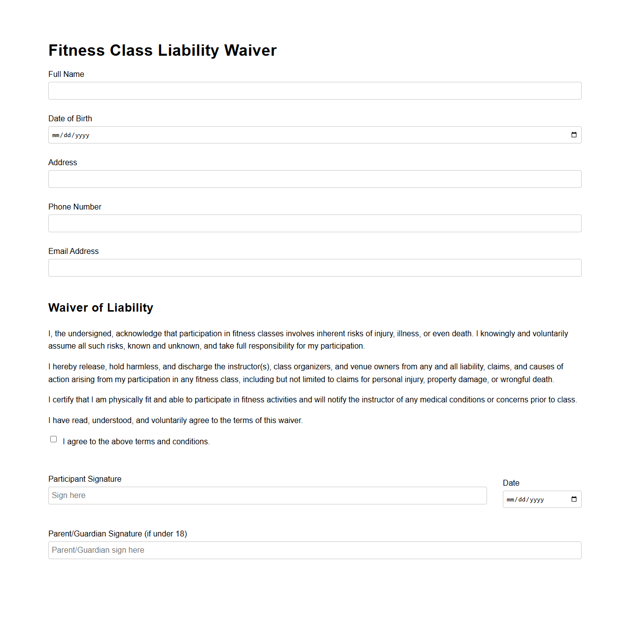 Blank Fitness Class Liability Waiver Template