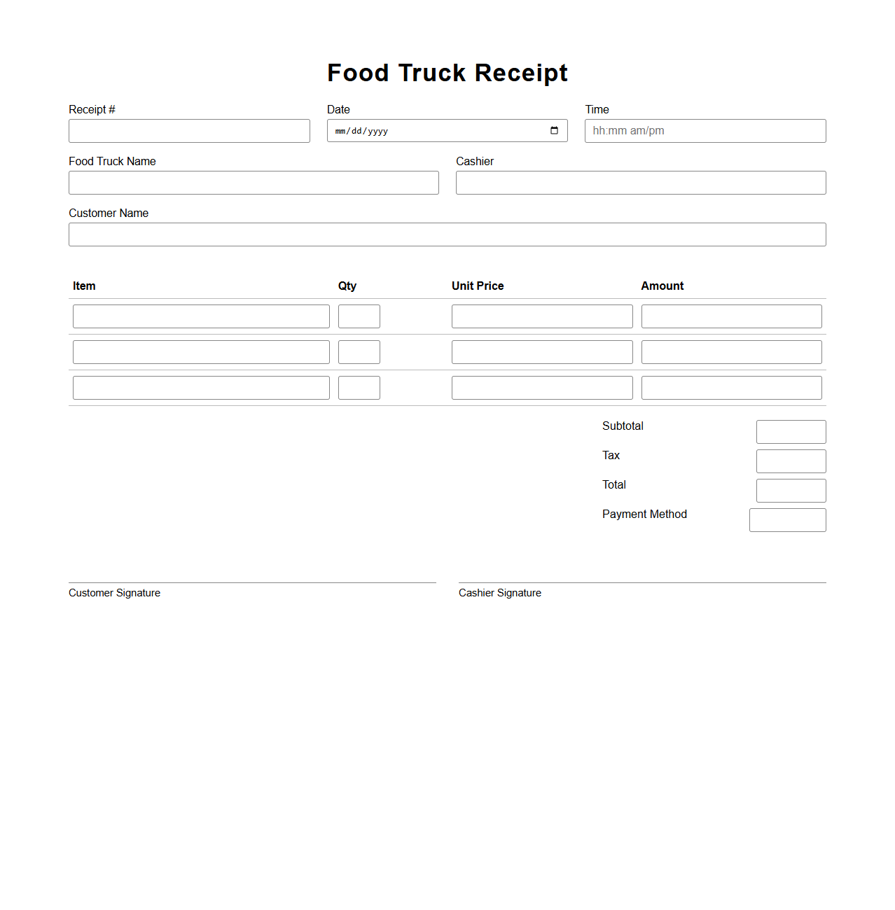 Blank Food Truck Receipt Template