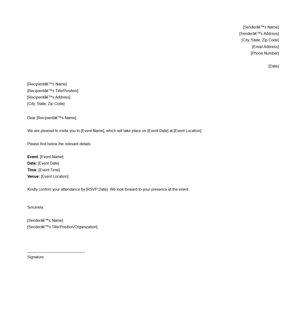 Blank Formal Invitation Letter Template