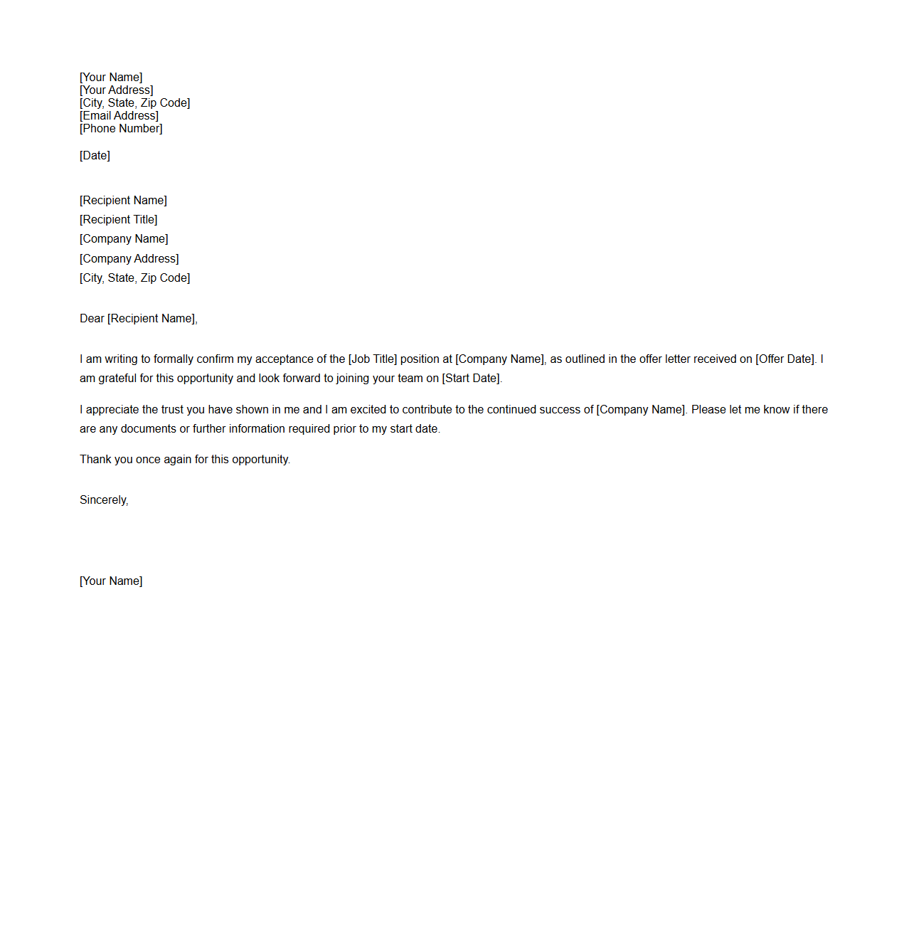 Blank Formal Job Confirmation Acceptance Letter Template