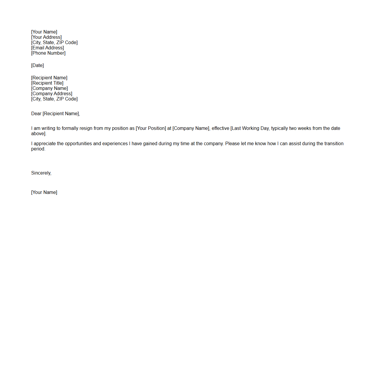 Blank Formal Resignation Letter Template for Work