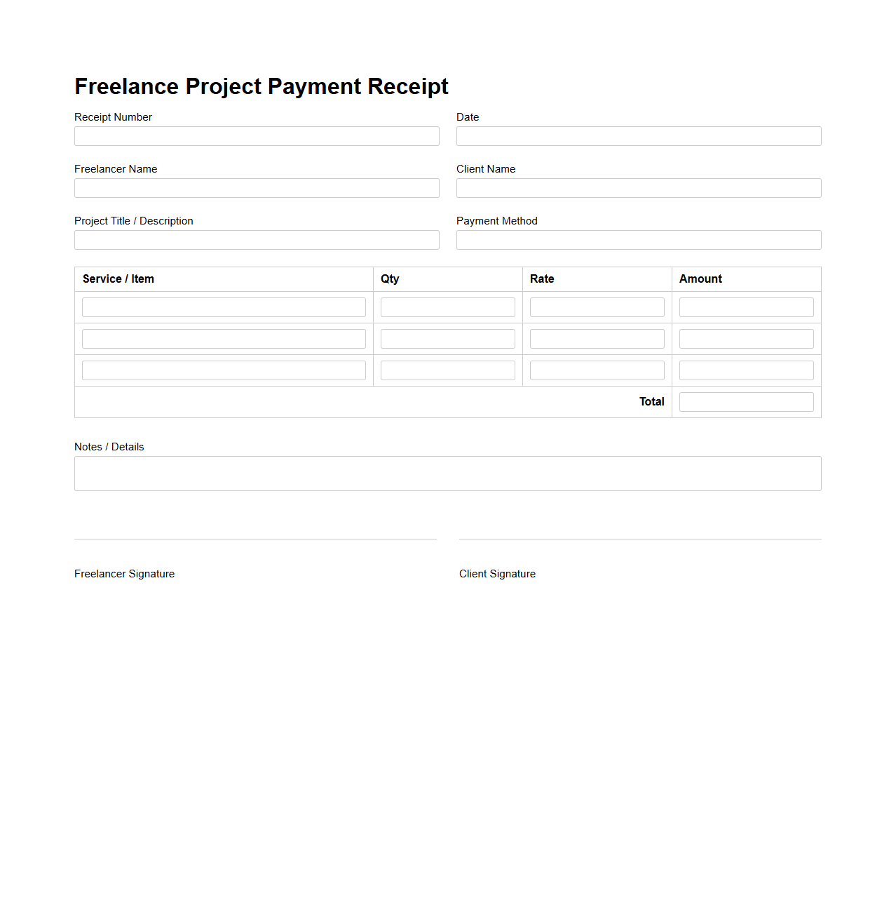 Blank Freelance Project Payment Receipt Template