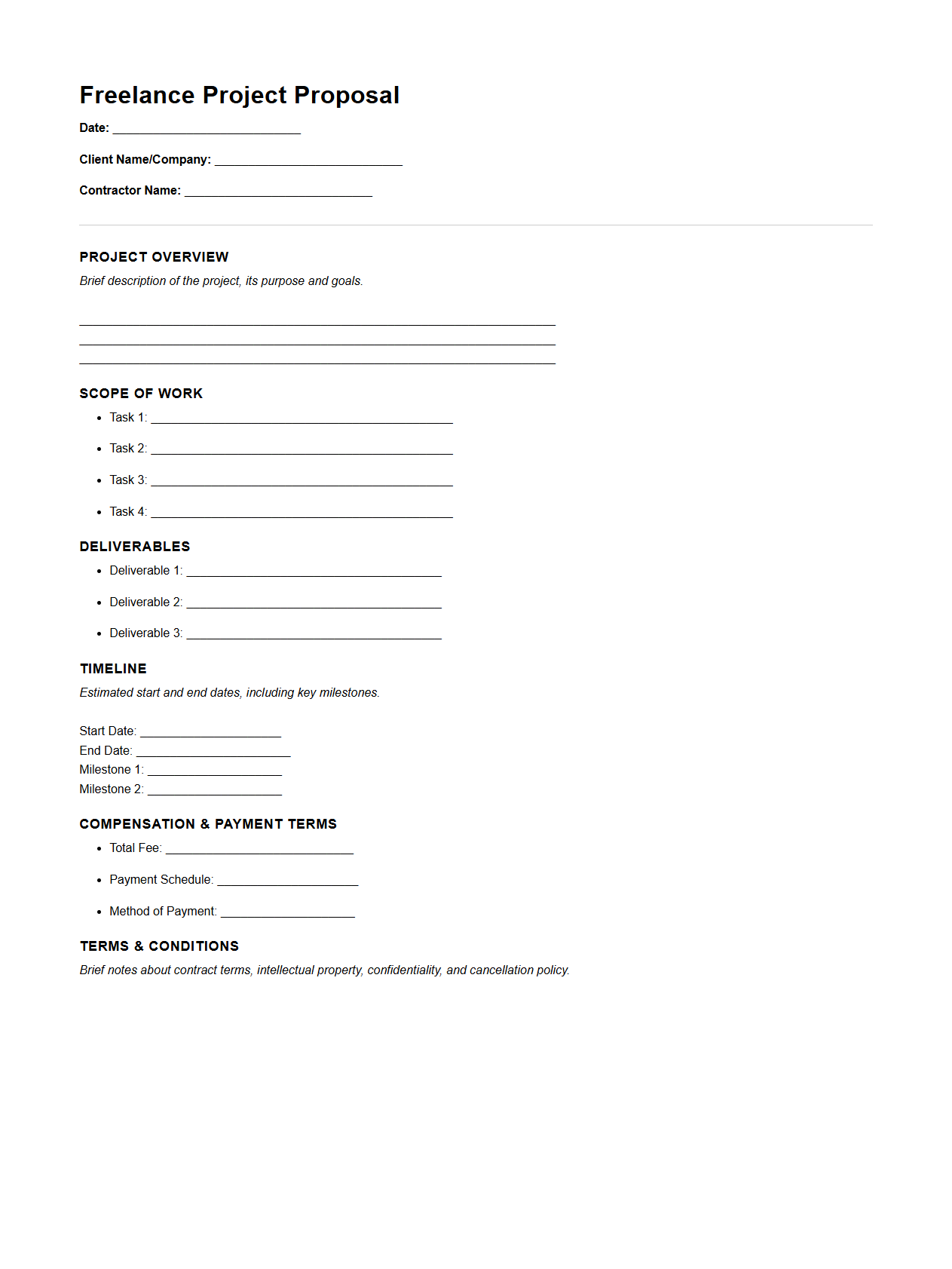 Blank Freelance Project Proposal Template for Contractors