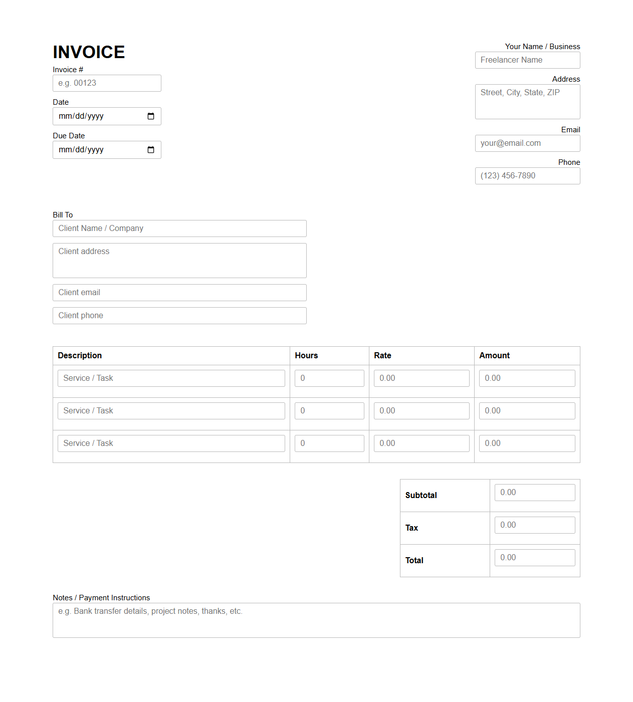 Blank Freelance Service Invoice