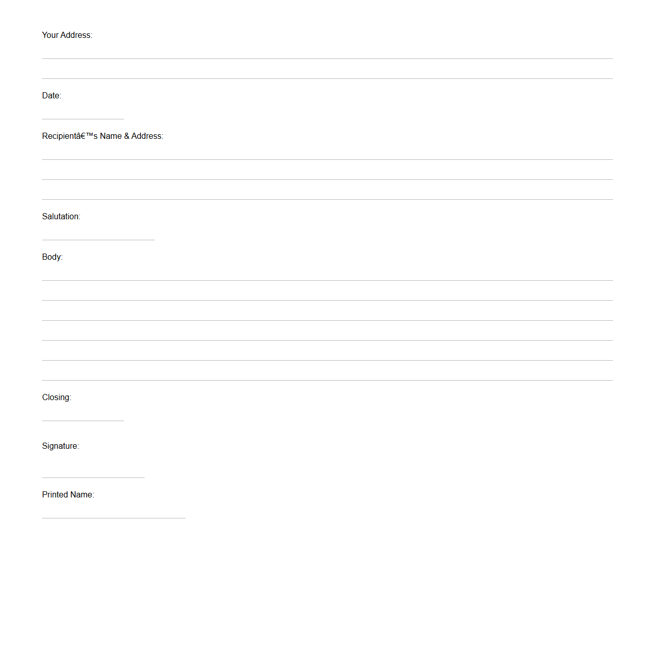 Blank Friendly Letter Layout for Individuals