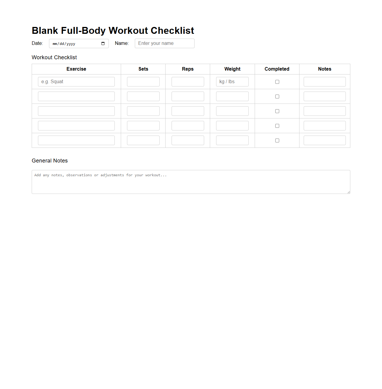 Blank Full-Body Workout Checklist Template for Fitness Routines