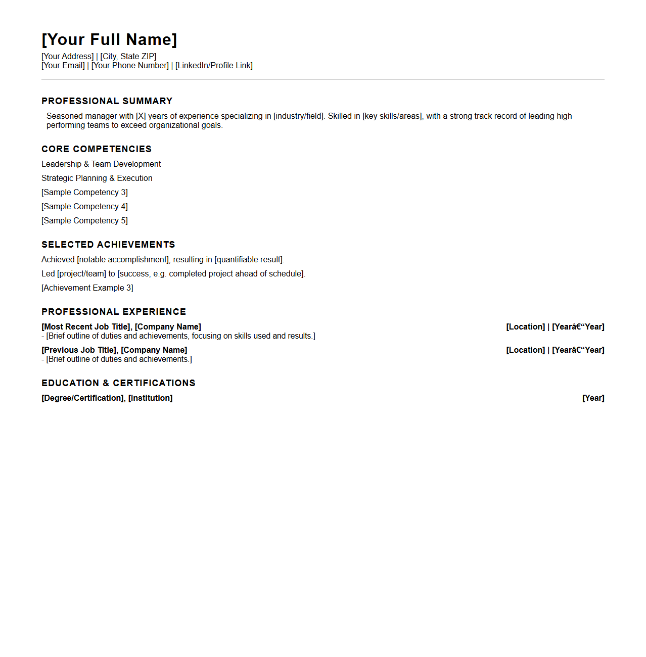 Blank Functional-Combination Resume Template for Experienced Managers