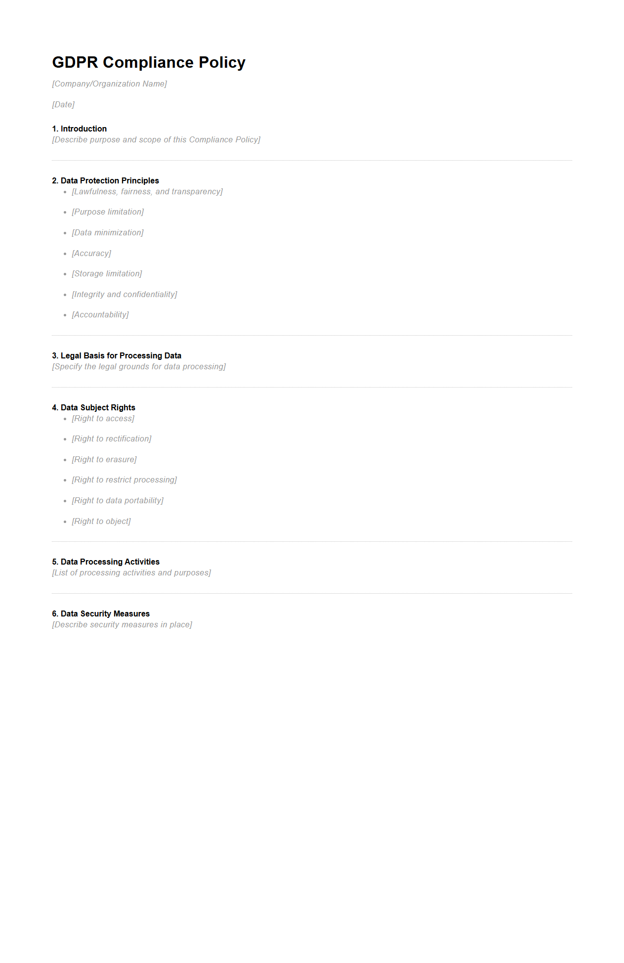 Blank GDPR Compliance Policy Sheet