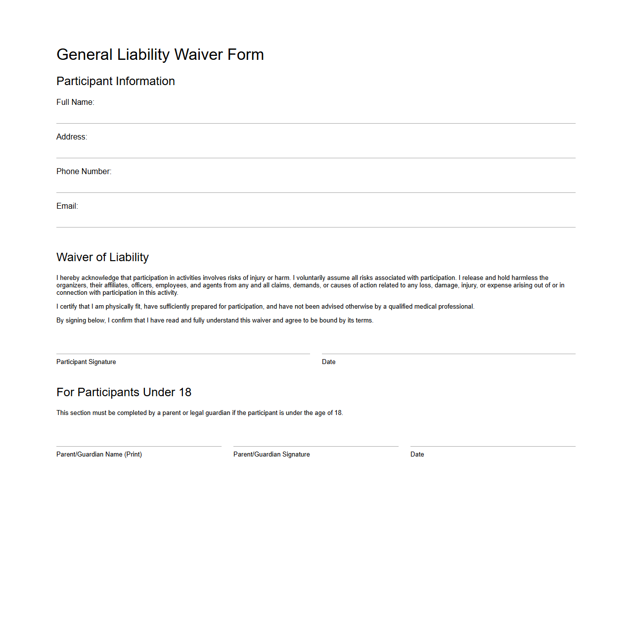 Blank General Liability Waiver Form