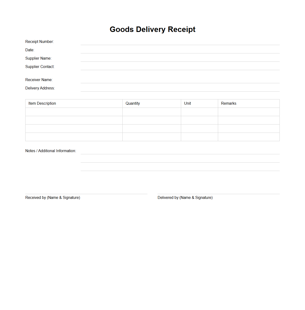 Blank Goods Delivery Receipt Template for Shipment Confirmation