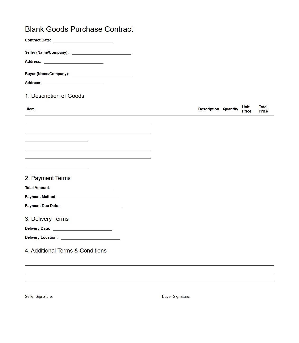 Blank Goods Purchase Contract Template