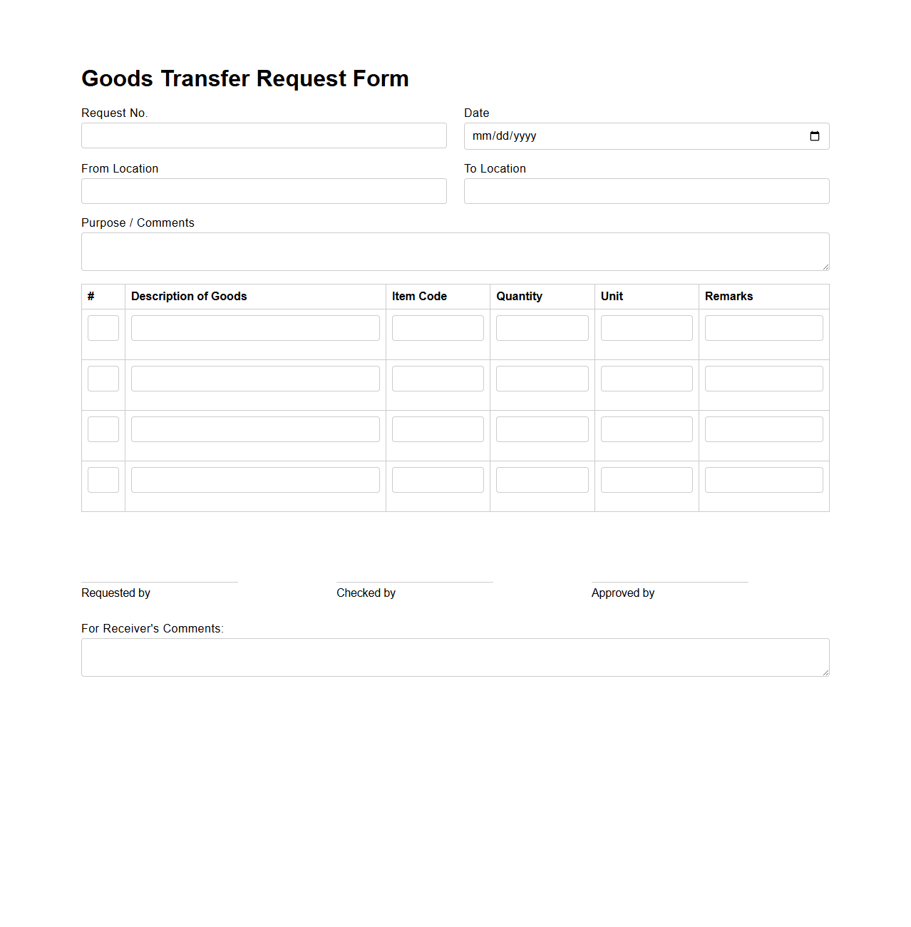 Blank Goods Transfer Request Form