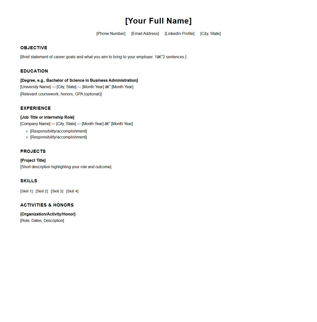 Blank Graduate Resume Template for Fresh College Alumni