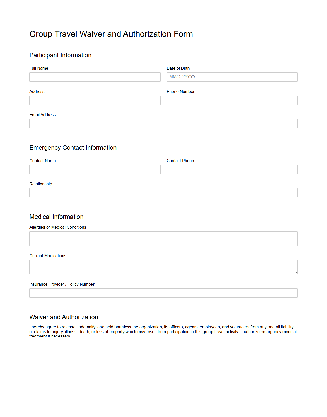 Blank Group Travel Waiver and Authorization Form