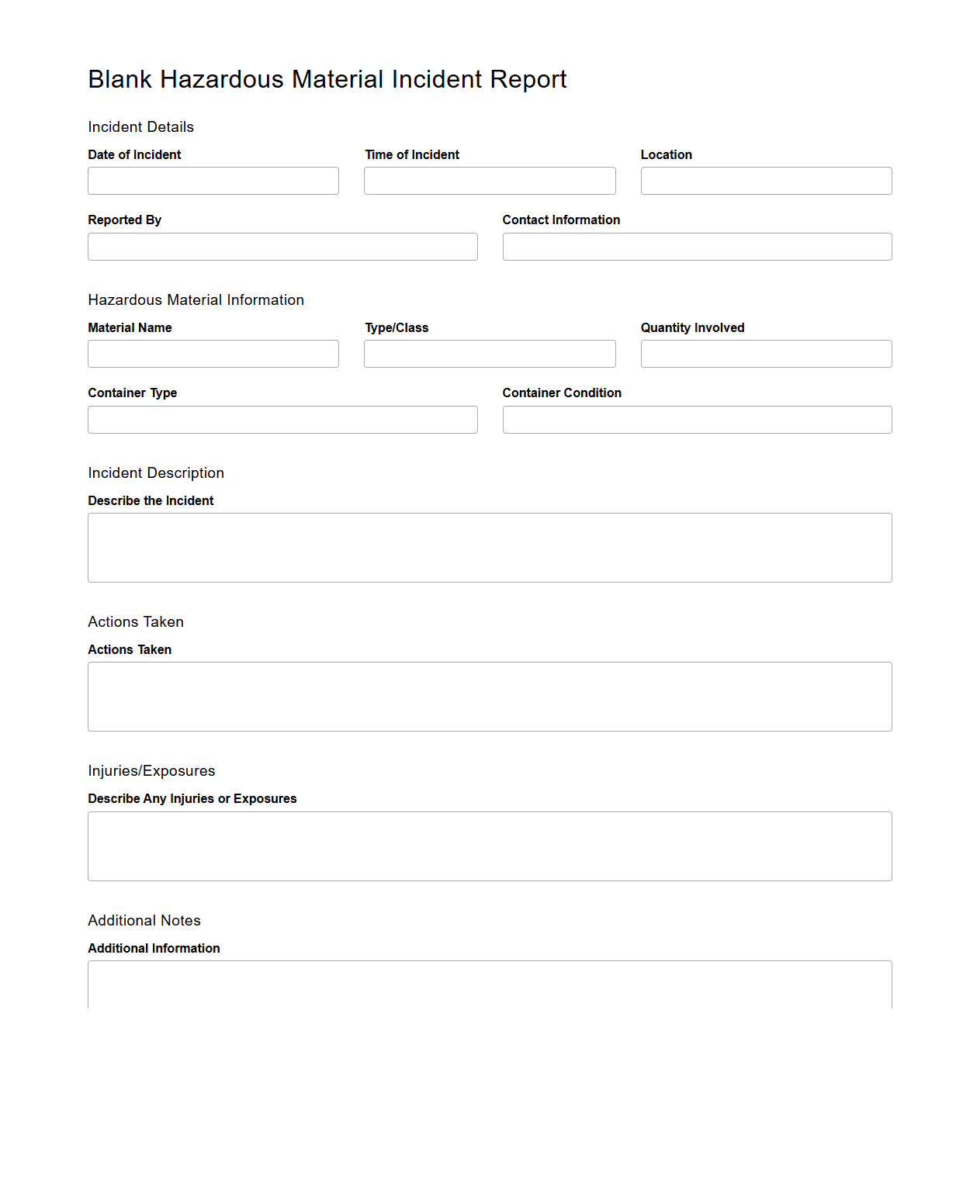 Blank Hazardous Material Incident Report Document