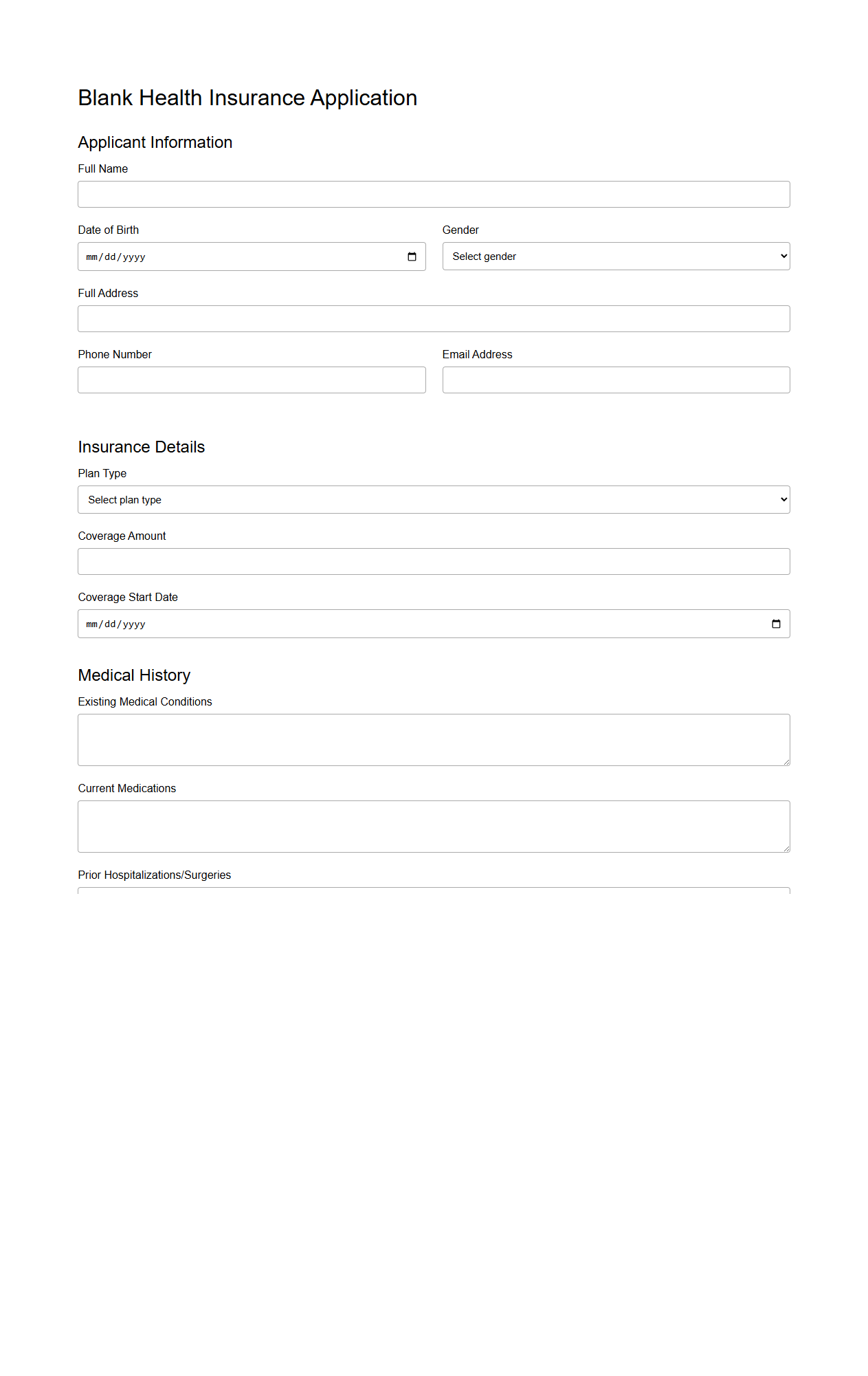 Blank Health Insurance Application Template for Hospitals