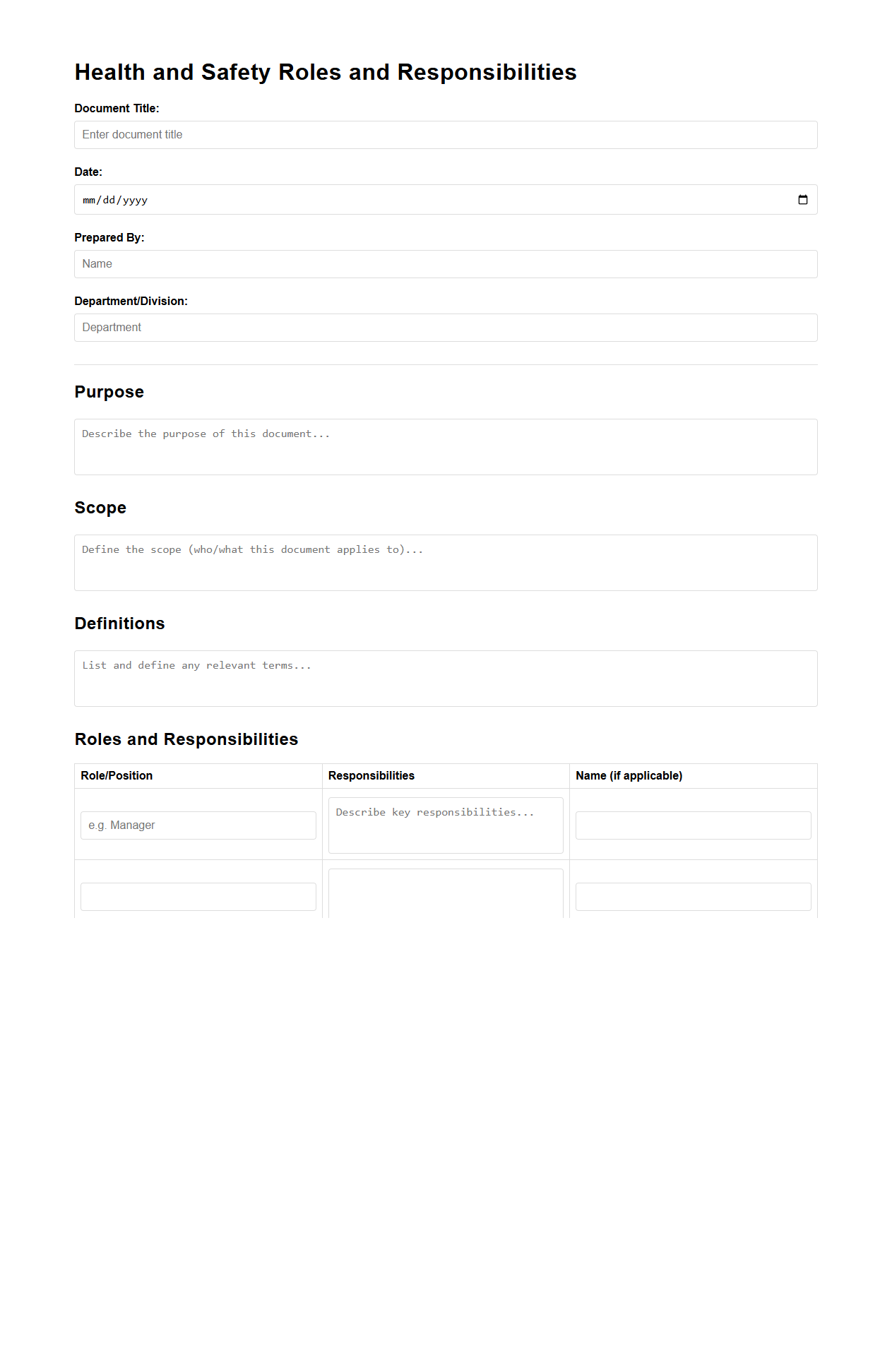 Blank Health and Safety Roles and Responsibilities Document