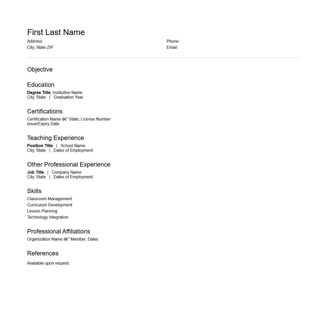 Blank High School Teacher Resume Template for Secondary Education Jobs