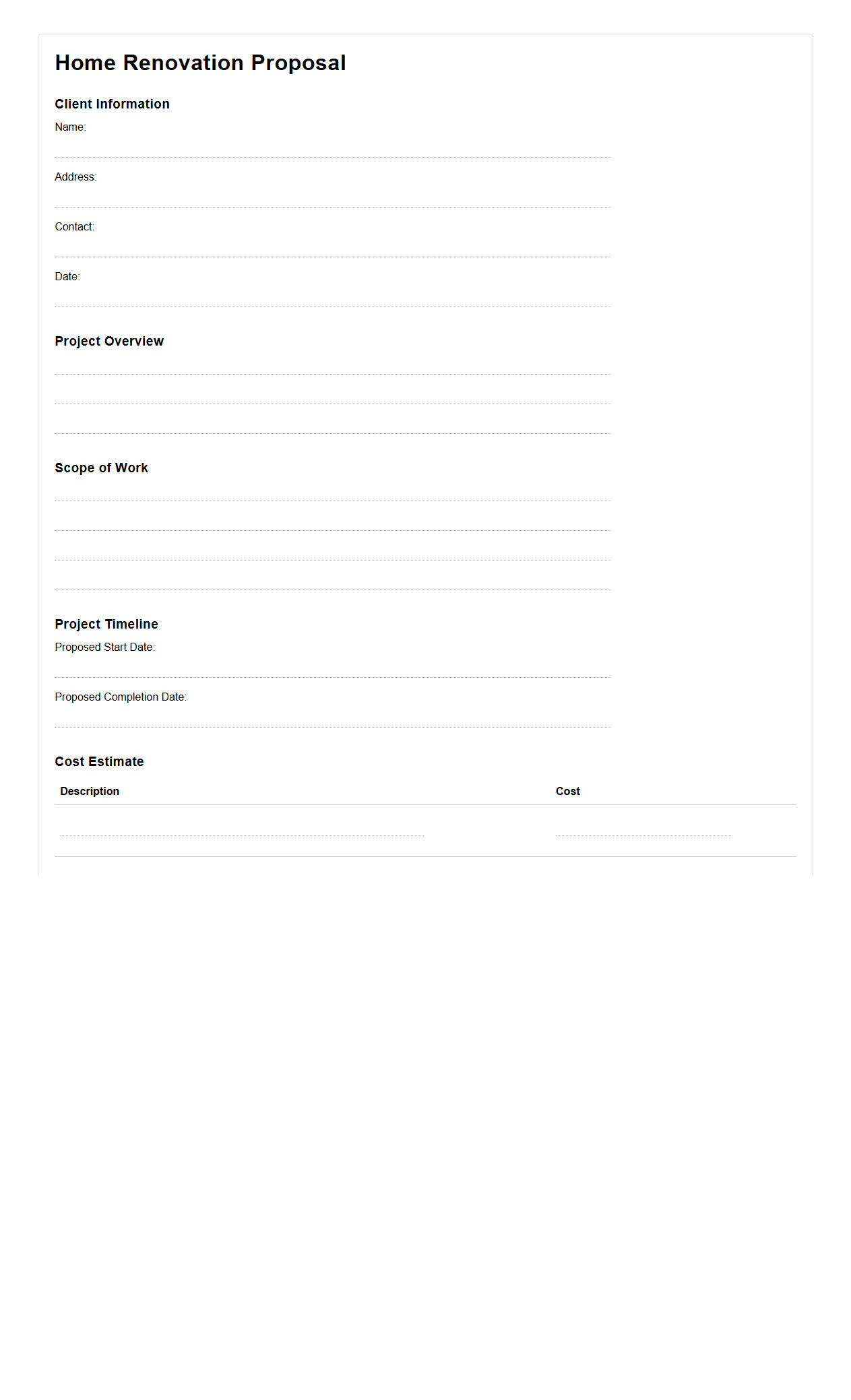 Blank Home Renovation Proposal Layout