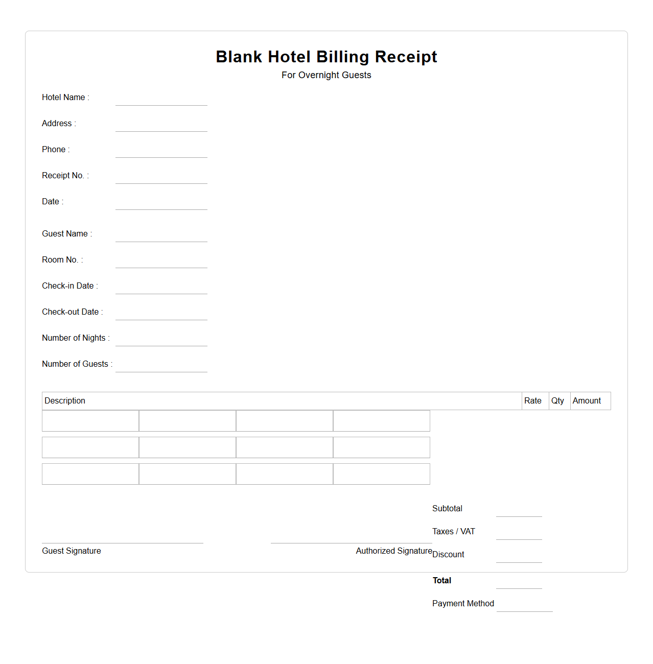 Blank Hotel Billing Receipt for Overnight Guests