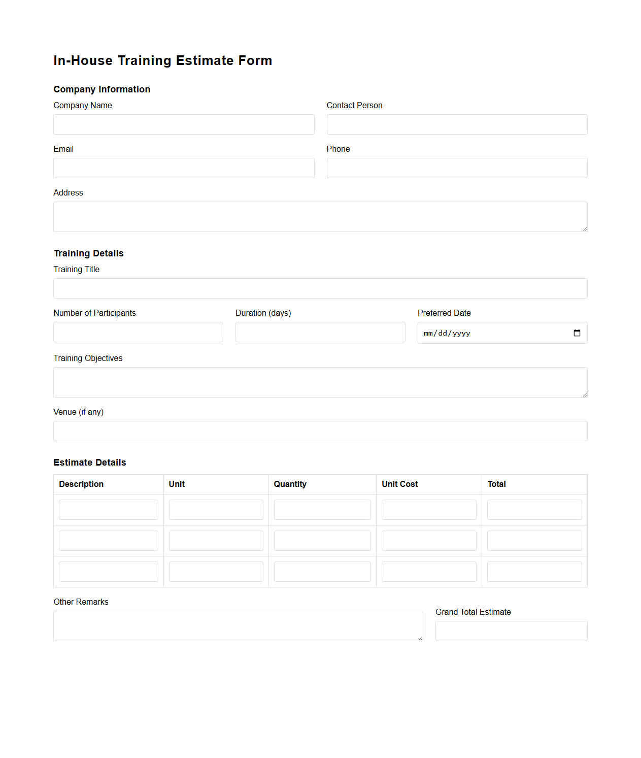 Blank In-House Training Estimate Form