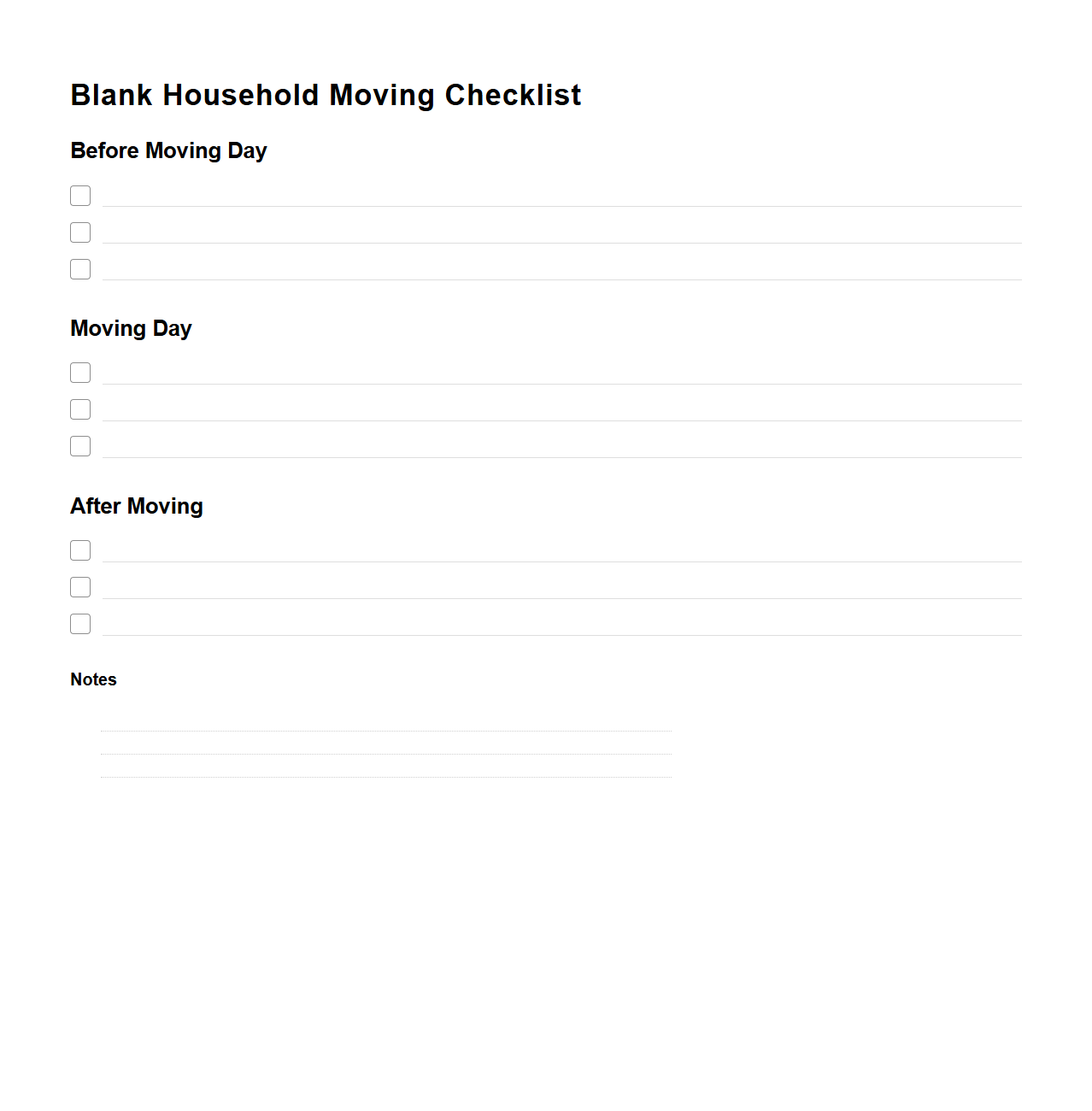 Blank Household Moving Checklist Template