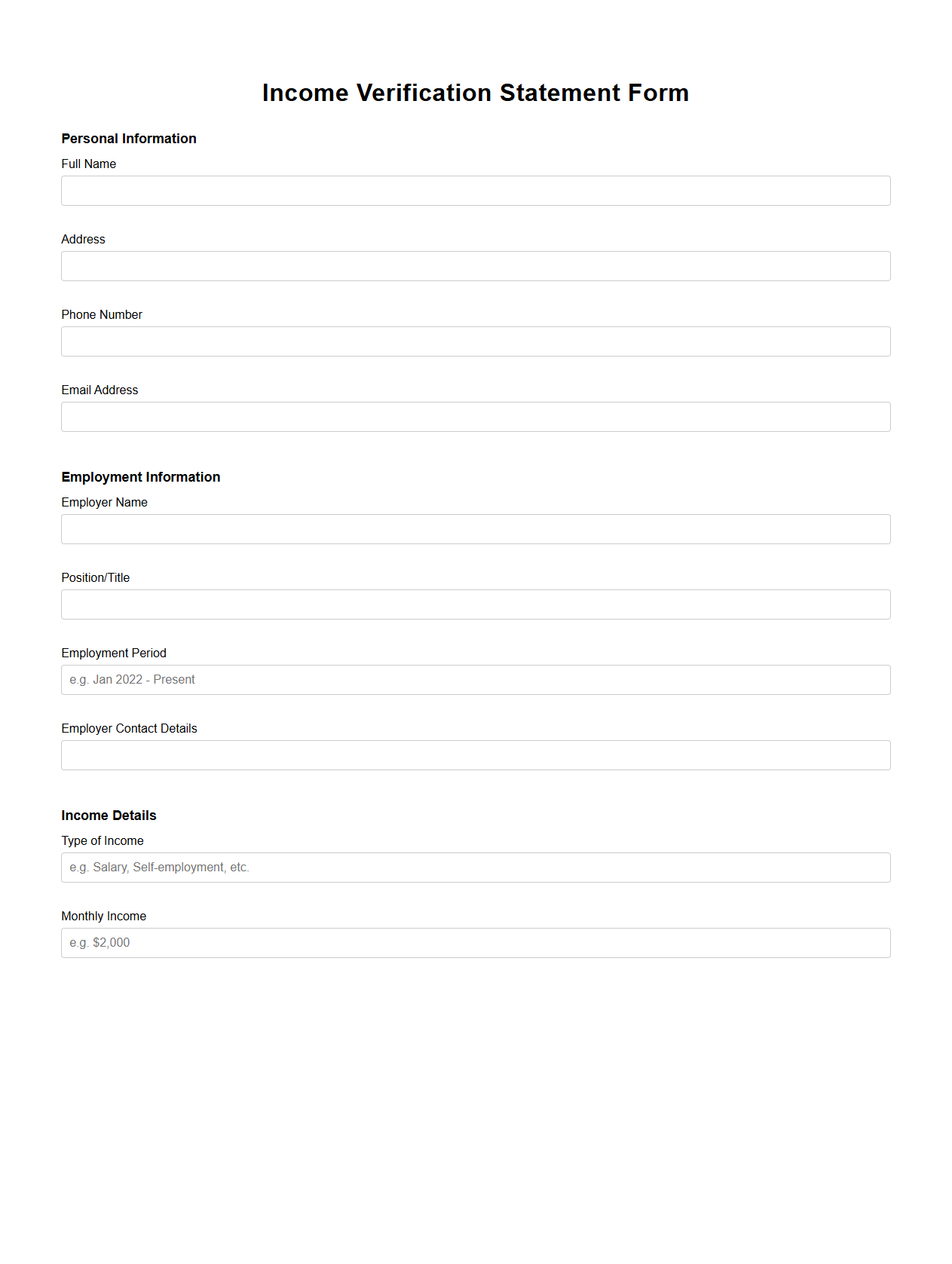 Blank Income Verification Statement Form